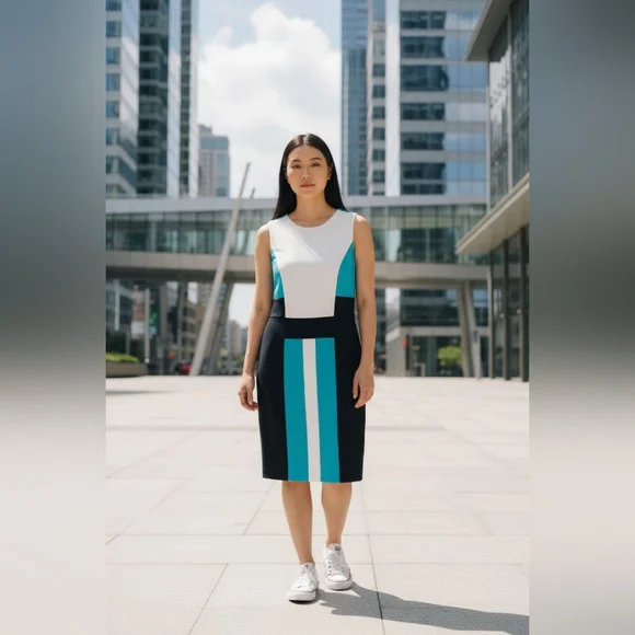 CALVIN KLEIN Elegant Colorblock Pencil Dress - Black, White, and Blue SIZE 8 CALVIN KLEIN Elegant Colorblock Pencil Dress - Black, White, and Blue SIZE 8